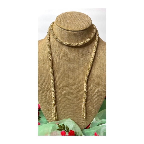 Vintage Jewelry - Vintage Ivory Pearl & Gold Bead Braided Skinny Tassel Necklace Scarf